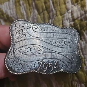 Vintage Belt Buckle. Silver with Gold, vintage. Leather belt. 1950.
